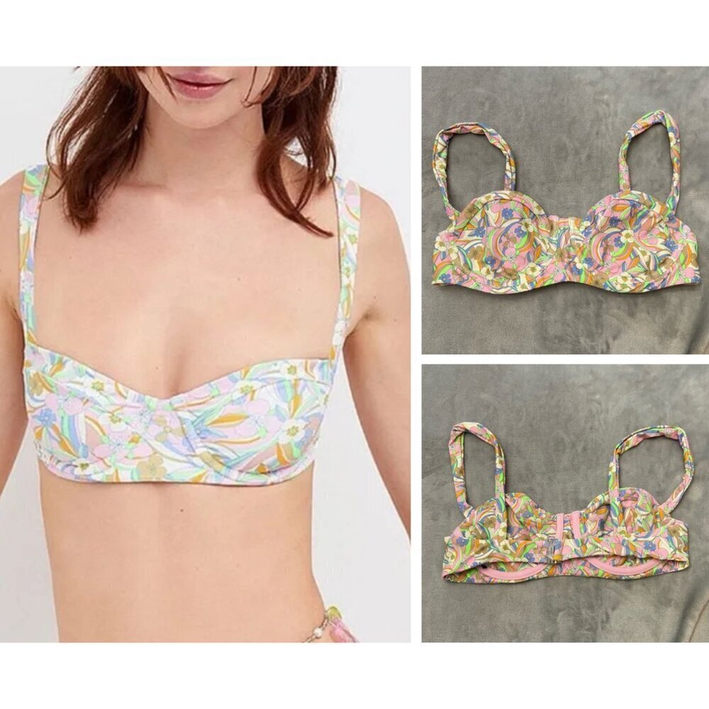 New! FOR LOVE & LEMONS Devon Pink Green Floral Swim Bikini Top 24053